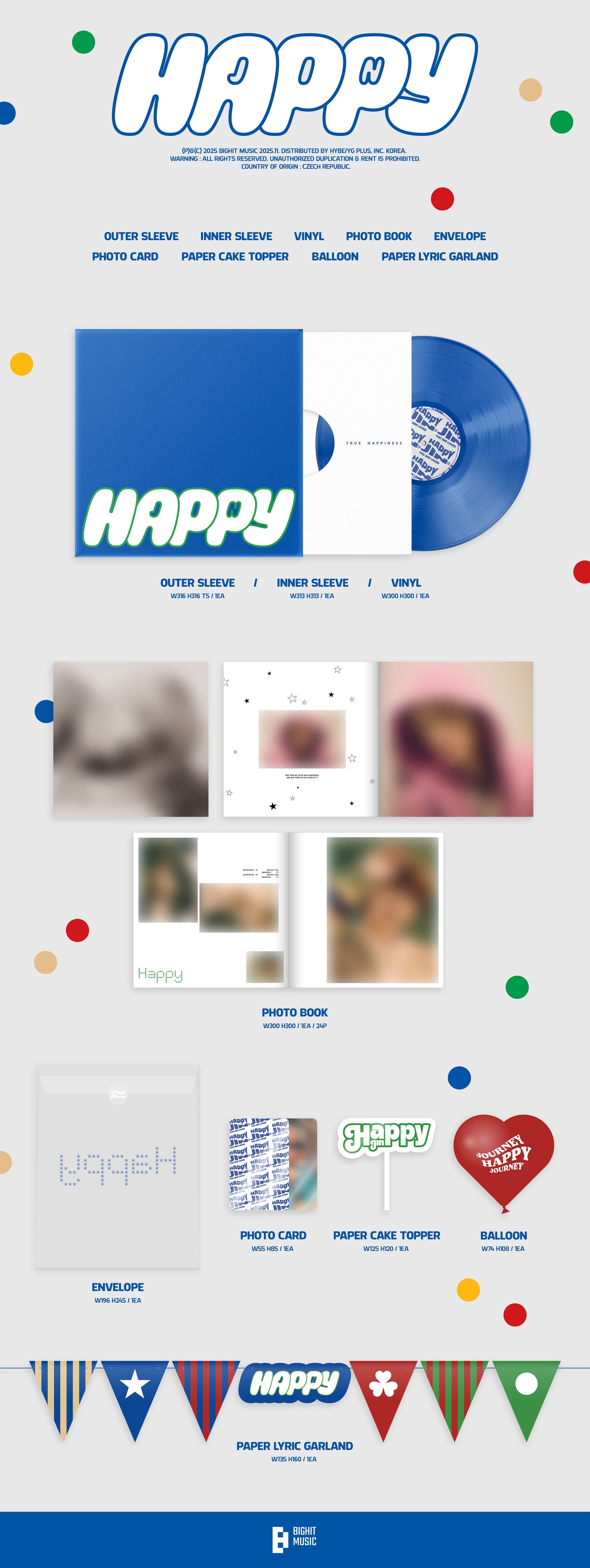JIN (BTS) -Happy, limited edition blue vinyl + photobook, cake topper, balloon + more