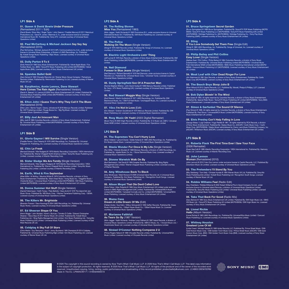 NOW - Legends, Various Artists, 3xLP Silver Vinyl back cover tracklist